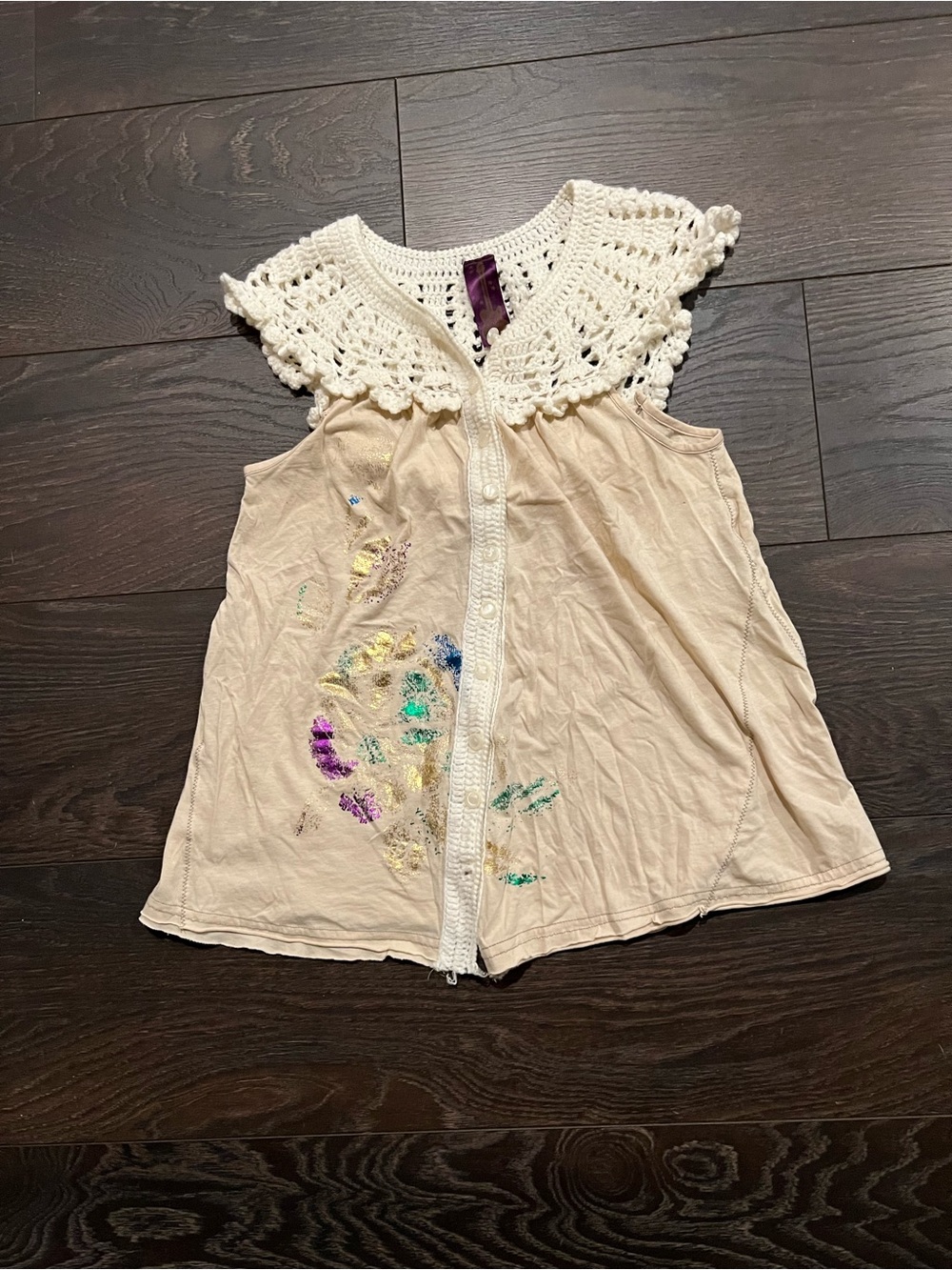 Free People Cream Crochet Collar Button-Front Tank with Multicolor Accents